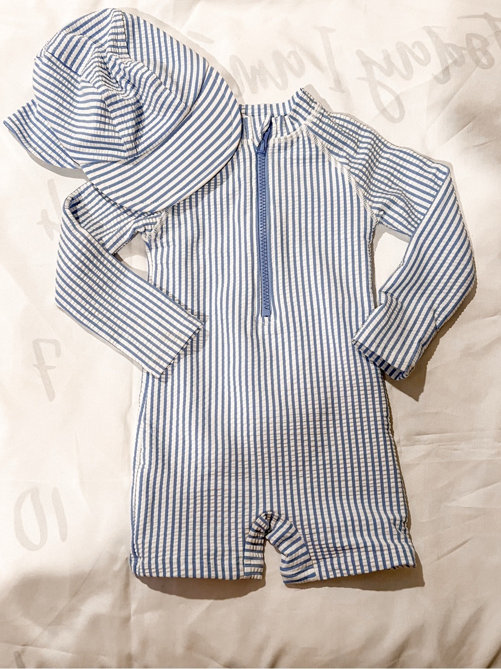Tommy Bahama Blue & White Stripe Shortie Swim Suit with Sun Hat Size 24 Months